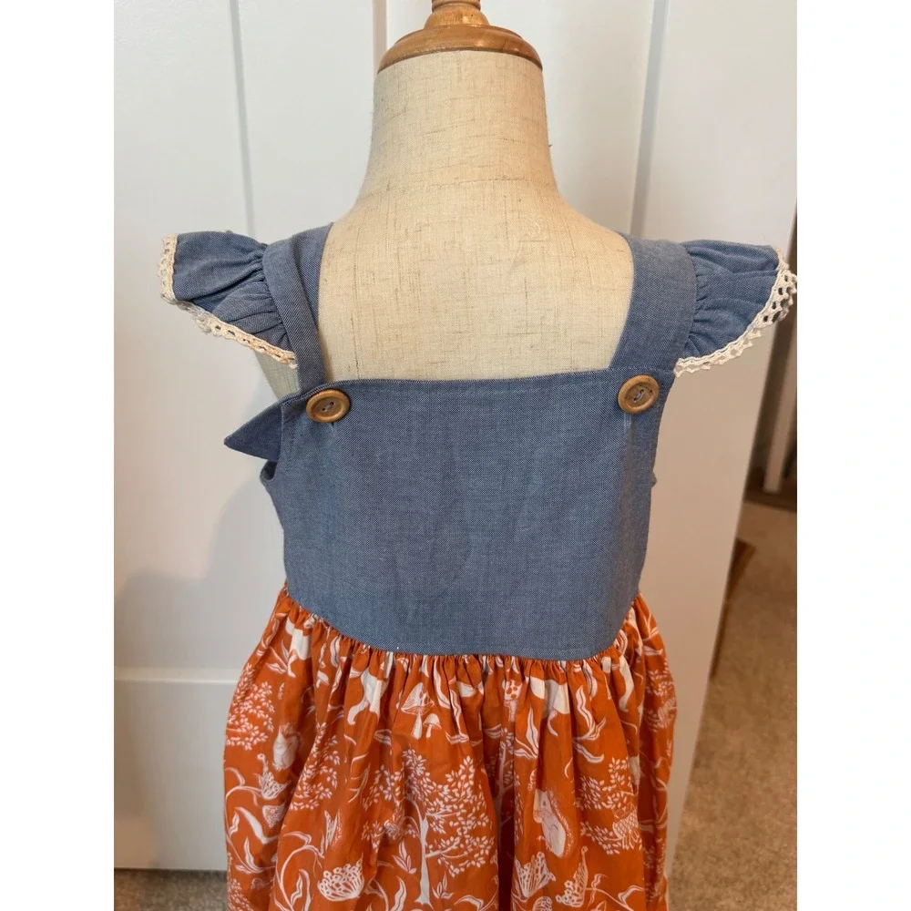 Eleanor Rose Girls Meredith Woodland Fox Orange Blue Chambray Dress Size 5-6